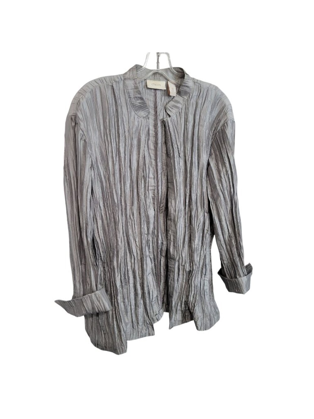 Chicos 3 Sz XL Jacket Crinkle Textured Open Front Cardi Long Sleeve Silver Gray